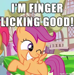 Size: 319x327 | Tagged: safe, derpibooru import, edit, edited screencap, screencap, babs seed, scootaloo, pegasus, pony, cannibalism joke, caption, female, filly, finger licking good, image macro, implied cannibalism, innuendo, kfc, meme, scootachicken, wink