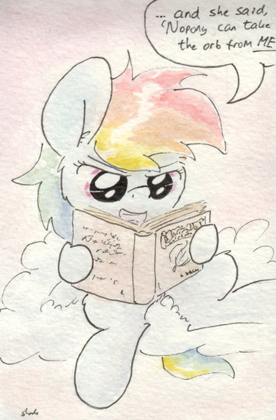 Size: 686x1041 | Tagged: safe, artist:slightlyshade, derpibooru import, rainbow dash, book, cloud, reading, solo, traditional art