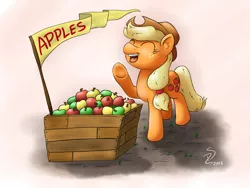 Size: 1920x1440 | Tagged: apple, applejack, apple stand, artist:filpapersoul, box, buy some apples, cute, derpibooru import, ear fluff, eyes closed, flag, jackabetes, open mouth, safe, solo, that pony sure does love apples, underhoof, yelling