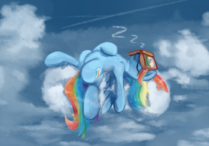 Size: 1429x1000 | Tagged: artist:scootiebloom, backwards cutie mark, book, cloud, cloudy, derpibooru import, on back, rainbow dash, safe, sleeping, solo, zzz