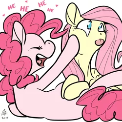 Size: 1200x1200 | Tagged: safe, artist:rwl, derpibooru import, fluttershy, pinkie pie, earth pony, pegasus, pony, :p, cheek squish, cute, diapinkes, eyes closed, female, flutterpie, laughing, lesbian, mare, no pupils, open mouth, shipping, shyabetes, side, silly face, simple background, smiling, squishy cheeks, tongue out, white background, wide eyes