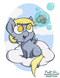 Size: 600x779 | Tagged: safe, artist:raphaelsgirl, derpibooru import, derpy hooves, pegasus, pony, :d, bubble, cloud, female, mare, muffin, simple background, smiling, solo, transparent background