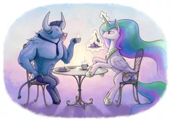 Size: 1980x1400 | Tagged: artist:dahtamnay, cake, chair, cup, derpibooru import, iron will, magic, princess celestia, safe, sitting, table, tea, teacup, tea party