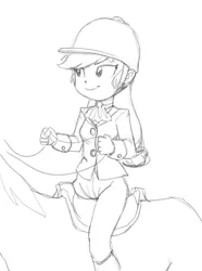 Size: 594x800 | Tagged: safe, artist:carnifex, derpibooru import, applejack, horse, equestria girls, humanized, humans riding horses, jockey, monochrome, riding