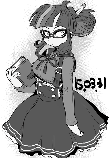 Size: 748x1057 | Tagged: safe, artist:nekubi, derpibooru import, sci-twi, twilight sparkle, equestria girls, book, clothes, dress, glasses, grayscale, monochrome, solo