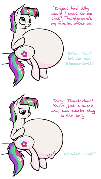 Size: 1016x1804 | Tagged: questionable, artist:askblossomlane, derpibooru import, blossomforth, thunderlane, pegasus, pony, belly, big belly, blossomlane, dialogue, domination, female, fetish, male, mare, shipping, soft vore, straight, vore