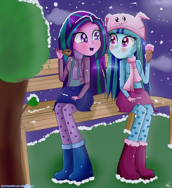 Size: 4000x4360 | Tagged: safe, artist:vixelzf, derpibooru import, aria blaze, sonata dusk, equestria girls, rainbow rocks, absurd resolution, alternate hairstyle, ariabetes, arisona, bench, blushing, boots, clothes, cute, eye contact, female, friendship, hat, hot chocolate, lesbian, looking at each other, night, open mouth, scarf, shipping, sitting, skirt, smiling, snow, snow cone, snowfall, sonatabetes, tree, winter, winter outfit