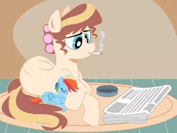 Size: 1111x837 | Tagged: artist:dbkit, ashtray, blank flank, cigarette, derpibooru import, filly, filly rainbow dash, foal, lying down, mother, newspaper, oc, oc:air heart, prone, rainbow dash, rug, safe, second hand smoke, sleeping, smoking