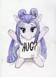 Size: 2508x3461 | Tagged: safe, artist:40kponyguy, derpibooru import, aria blaze, ponified, ariabetes, cute, heart eyes, hug, hug request, looking at you, mouth hold, nom, sign, sitting, smiling, solo, traditional art, underhoof, wingding eyes