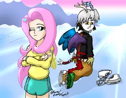 Size: 2068x1616 | Tagged: safe, artist:meganekkoplymouth241, derpibooru import, discord, fluttershy, human, keep calm and flutter on, humanized, scene interpretation, skating, winged humanization