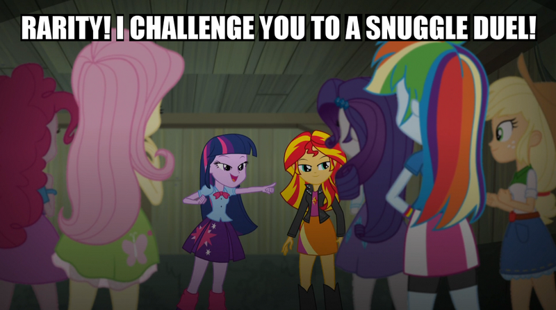 Size: 1163x650 | Tagged: safe, derpibooru import, edit, edited screencap, screencap, applejack, fluttershy, pinkie pie, rainbow dash, rarity, sunset shimmer, twilight sparkle, equestria girls, rainbow rocks, bedroom eyes, caption, humane seven, image macro, imma snuggle you, mane six, meme, snuggles?, snuggling