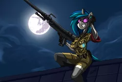Size: 1609x1080 | Tagged: anthro, artist:quynzel, bitches love cannons, breasts, busty vinyl scratch, clothes, crossover, derpibooru import, female, gun, harkonnen, hellsing, hellsing ultimate, hellsing ultimate abridged, mare in the moon, miniskirt, moon, no trigger discipline, nowacking, police girl, safe, seras victoria, skirt, socks, solo, sunglasses, thigh highs, vinyl scratch, vinyl the vampire, voice actor joke