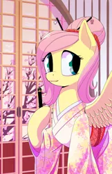 Size: 1242x1920 | Tagged: safe, artist:princrim, derpibooru import, fluttershy, pegasus, pony, alternate hairstyle, cherry blossoms, chopsticks in hair, clothes, flower, flower blossom, hairpin, japan, kimono (clothing), neighpon, solo