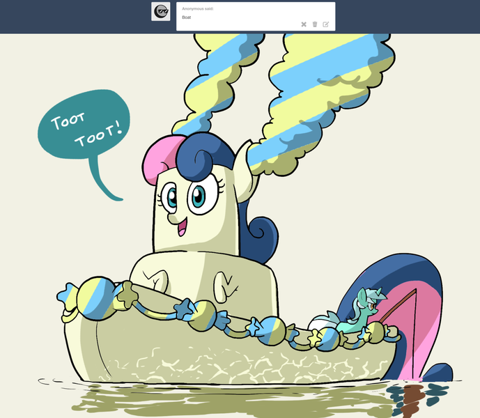 Size: 1280x1114 | Tagged: safe, artist:docwario, derpibooru import, bon bon, lyra heartstrings, sweetie drops, boatpony, pony, askblankbon, boat, female, fishing, fishing rod, lesbian, lyrabon, shipping, tumblr, wat