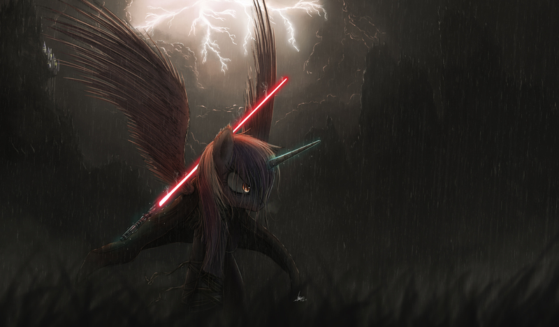 Size: 2500x1462 | Tagged: safe, artist:ncmares, derpibooru import, princess cadance, pony, canterlot, cloak, clothes, epic, glare, lightning, lightsaber, magic, rain, sith, snorting, solo, spread wings, star wars, telekinesis