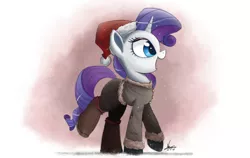 Size: 2000x1267 | Tagged: safe, artist:ncmares, derpibooru import, rarity, pony, unicorn, boots, clothes, coat, female, hat, mare, open mouth, pants, santa hat, snow, snowfall, solo, winter