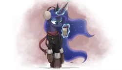 Size: 2000x1163 | Tagged: safe, artist:ncmares, derpibooru import, princess luna, alicorn, pony, bedroom eyes, boots, candy cane, clothes, coat, cup, earmuffs, eyeshadow, female, hot chocolate, jacket, levitation, magic, makeup, mare, raised hoof, scarf, smiling, snow, snowfall, solo, telekinesis, winter