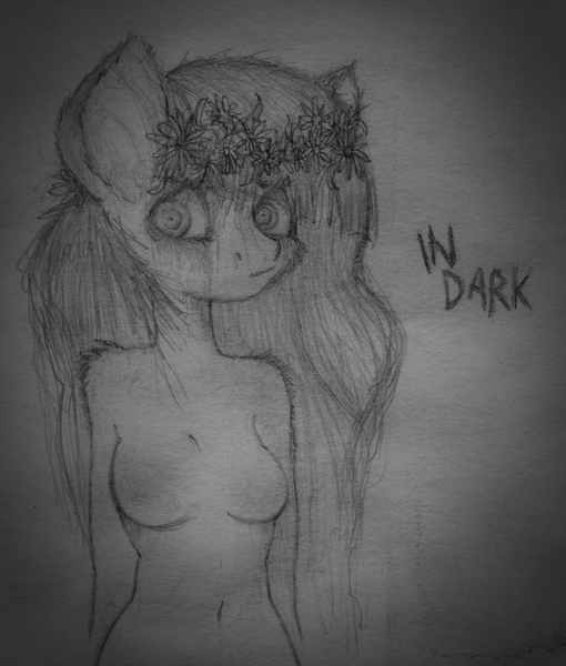 Size: 1287x1515 | Tagged: anthro, anthro oc, artist:metalliclenneth, dark, derpibooru import, drawing, flower in hair, grayscale, monochrome, oc, oc:requiem, semi-grimdark, solo, traditional art, unofficial characters only