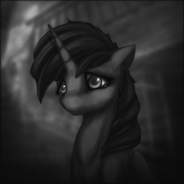 Size: 1600x1606 | Tagged: safe, artist:anemonepetal, derpibooru import, twilight sparkle, twilight sparkle (alicorn), alicorn, pony, black and white, bust, crying, depressed, female, grayscale, mare, monochrome, sad, solo, tears of pain