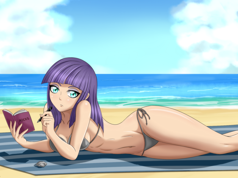 Size: 1600x1200 | Tagged: artist:zantyarz, beach, belly button, bikini, book, boulder (pet), breasts, clothes, derpibooru import, female, human, humanized, maud pie, midriff, pen, sexy, solo, solo female, stupid sexy maud pie, suggestive, swimsuit, towel