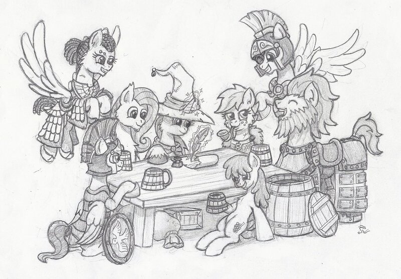 Size: 1024x712 | Tagged: armor, artist:sensko, berry punch, berryshine, black and white, booze, cossacks, derpibooru import, fine art parody, grayscale, monochrome, pencil drawing, pipe, ponified, safe, traditional art