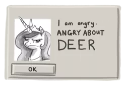 Size: 800x544 | Tagged: angry, angry about elves, artist:king-kakapo, deer, derp, derpibooru import, dialogue box, frown, glare, monochrome, parody, parody of a parody, princess celestia, safe, sim city, solo, /tg/