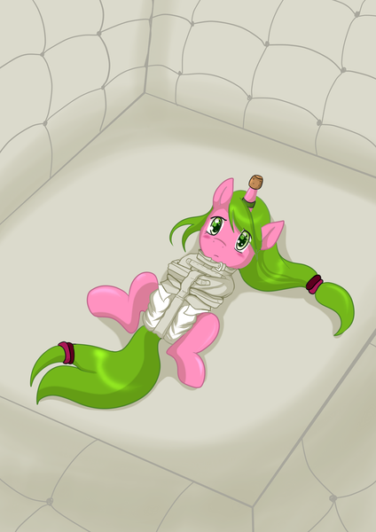 Size: 8679x12276 | Tagged: absurd resolution, artist:toddlergirl, asylum, bondage, cork, derpibooru import, diaper, diaper bondage, diaper fetish, horn ring, insanity, institutionalized, magic suppression, oc, oc:clicky keys, padded cell, questionable, solo, straitjacket, unofficial characters only