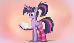 Size: 2500x1469 | Tagged: safe, artist:ncmares, derpibooru import, twilight sparkle, twilight sparkle (alicorn), alicorn, pony, ask majesty incarnate, alternate hairstyle, book, clothes, female, frown, gritted teeth, magic, mare, messy mane, nervous, ponytail, reading, socks, solo, striped socks, sweat, telekinesis