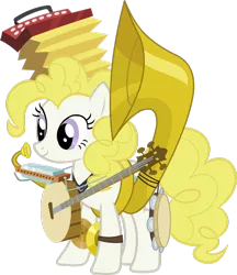 Size: 1024x1183 | Tagged: accordion, artist:blah23z, banjo, cymbals, derpibooru import, g1, g1 to g4, generation leap, harmonica, musical instrument, pinkie pie, safe, simple background, solo, sousaphone, surprise, tuba