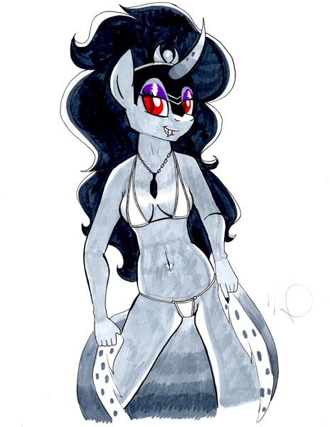 Size: 2550x3300 | Tagged: anthro, artist:drawponies, bikini, breasts, clothes, derpibooru import, king sombra, queen umbra, rule 63, solo, suggestive, swimsuit, undressing