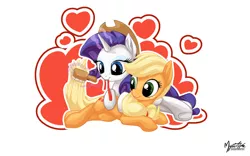 Size: 2560x1600 | Tagged: safe, artist:mysticalpha, derpibooru import, applejack, rarity, brush, brushing, brushing tail, cute, female, hairbrush, heart, image, jpeg, leaning, lesbian, levitation, looking back, magic, mouth hold, prone, rarijack, ribbon, shipping, smiling, telekinesis, underhoof, wallpaper