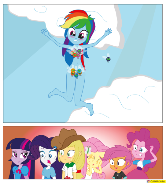 Size: 2937x3244 | Tagged: questionable, artist:conikiblasu-fan, derpibooru import, applejack, fluttershy, pinkie pie, rainbow dash, rarity, scootaloo, twilight sparkle, twilight sparkle (alicorn), parasprite, equestria girls, swarm of the century, :3, appledash, assisted exposure, belly button, blushing, clothes, clothing theft, embarrassed, embarrassed nude exposure, equestria girls interpretation, female, humane six, lesbian, mane six, nudity, parasprite bikini, scene interpretation, scene parody, scootadash, shipping, skirt, varying degrees of want, wide eyes