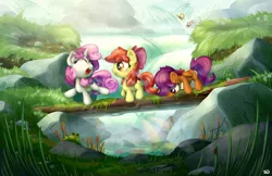 Size: 1700x1100 | Tagged: apple bloom, artist:bobdude0, butterfly, cutie mark crusaders, derpibooru import, eyes closed, frog, grass, log, looking down, moss, open mouth, rainbow, raised hoof, river, rock, safe, scenery, scootaloo, sweetie belle, waterfall