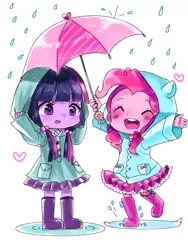 Size: 768x1024 | Tagged: safe, artist:weiliy, derpibooru import, pinkie pie, twilight sparkle, equestria girls, alternate hairstyle, boots, cute, duo, pigtails, puddle, rain, rain boots, raincoat, twintails