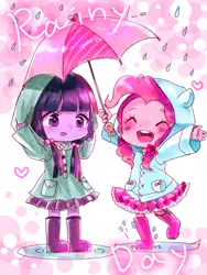 Size: 768x1024 | Tagged: safe, artist:weiliy, derpibooru import, pinkie pie, twilight sparkle, equestria girls, boots, puddle, rain, rain boots, raincoat, umbrella