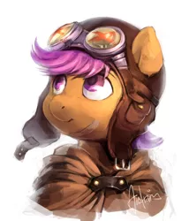 Size: 1370x1598 | Tagged: safe, artist:audrarius, derpibooru import, scootaloo, pegasus, pony, aviator goggles, bandaid, female, filly, foal, goggles, image, looking up, pilot, png, portrait, simple background, solo, sticking plaster, white background