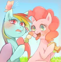 Size: 511x520 | Tagged: safe, artist:chi-hayu, derpibooru import, pinkie pie, rainbow dash, butterfly, earth pony, pegasus, pony, blushing, dango, eating, female, food, grass, insect on ear, mare, open mouth, sandwich, sky, tongue out