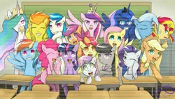 Size: 853x480 | Tagged: dead source, safe, artist:poisonicpen, derpibooru import, apple bloom, applejack, fluttershy, octavia melody, pinkie pie, princess cadance, princess celestia, princess luna, rainbow dash, rarity, scootaloo, spitfire, sunset shimmer, sweetie belle, trixie, twilight sparkle, twilight sparkle (alicorn), vinyl scratch, alicorn, pony, alicorn tetrarchy, alternate mane seven, class, class photo, classroom, crossover, cutie mark crusaders, danganronpa, female, group, mane six, mare, parody, this will end in tears and/or death