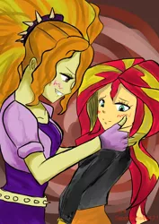 Size: 752x1063 | Tagged: safe, artist:milkitalix, artist:sapphirevision421, derpibooru import, adagio dazzle, sunset shimmer, equestria girls, blushing, female, lesbian, shipping, sunsagio