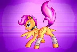 Size: 1600x1080 | Tagged: suggestive, artist:anti1mozg, derpibooru import, scootaloo, anarchy, collar, ear piercing, leg warmers, looking at you, looking back, piercing, plot, presenting, raised tail, solo, spread wings, tongue out