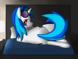 Size: 1600x1200 | Tagged: artist:starry5643, bed, bedroom, bedroom eyes, both cutie marks, derpibooru import, dj col-7, glasses, looking back, male, record scrape, rule 63, smiling, solo, solo male, suggestive, sunglasses, vinyl scratch, wubbutt