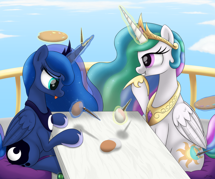 Size: 2100x1750 | Tagged: artist:irregular-entity, dead source, derpibooru import, egg, painting, princess celestia, princess luna, safe