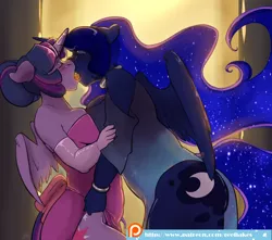 Size: 1200x1063 | Tagged: suggestive, artist:arnachy, derpibooru import, princess luna, twilight sparkle, twilight sparkle (alicorn), anthro, comic:fêtes royales, blushing, breasts, busty princess luna, busty twilight sparkle, clothes, dress, evening gloves, female, french kiss, kissing, lesbian, lifting, shipping, tongue out, twiluna