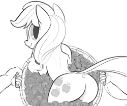 Size: 1200x1000 | Tagged: suggestive, artist:tex, derpibooru import, applejack, earth pony, human, pony, semi-anthro, apple, applebutt, barrel, dock, female, freckles, mare, missing accessory, monochrome, offscreen character, plot, pov, smiling