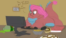 Size: 1076x618 | Tagged: artist:astr0zone, big mina, cheetos, chubby cheeks, computer, computer mouse, derpibooru import, donut, dragon, dragoness, fat, female, fimfiction, food, keyboard, mina, morbidly obese, mountain dew, obese, solo, suggestive