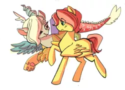 Size: 2662x1919 | Tagged: safe, artist:inverseskies, derpibooru import, discord, fluttershy, butterscotch, discoshy, eris, eriscotch, eye contact, female, frown, male, open mouth, raised hoof, raised leg, rule 63, shipping, smiling, straight