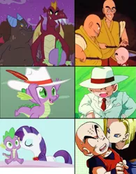 Size: 799x1024 | Tagged: safe, derpibooru import, clump, garble, rarity, spike, dragon, android 18, comparison, dragon ball z, female, hat, krillin, male, monks, shipping, sparity, straight