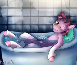 Size: 1024x859 | Tagged: suggestive, artist:rflzqt, derpibooru import, oc, oc:plyr, unofficial characters only, pony, bath, bathing, bathtub, looking at you, male, one eye closed, solo, solo male