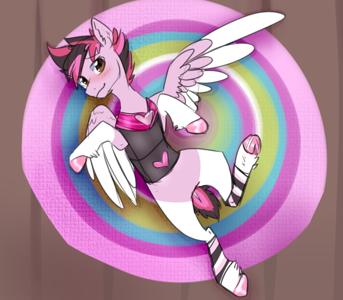 Size: 1024x896 | Tagged: safe, artist:rflzqt, derpibooru import, oc, oc:plyr, unofficial characters only, pegasus, pony, blushing, clothes, cute, dyed mane, looking at you, lying down, on back, solo