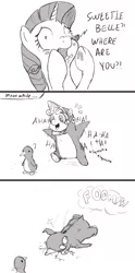 Size: 535x1079 | Tagged: safe, artist:yipsy, derpibooru import, rarity, sweetie belle, penguin, clothes, comic, costume, cute, monochrome, screaming, sweetie fail, this will end in tears, worried